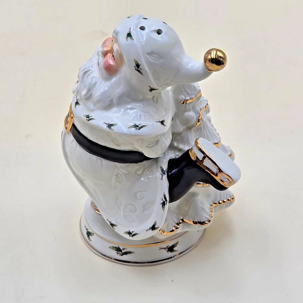 Holly Holiday Santa Ceramic Salt & Pepper Shakers Gold Trim Home Vintage 1999